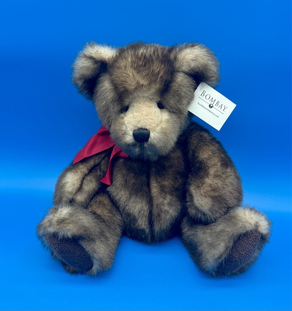 Bombay Company Teddy Bear "Danny" Plush Dark Brown Faux Fur Burgundy Ribbon